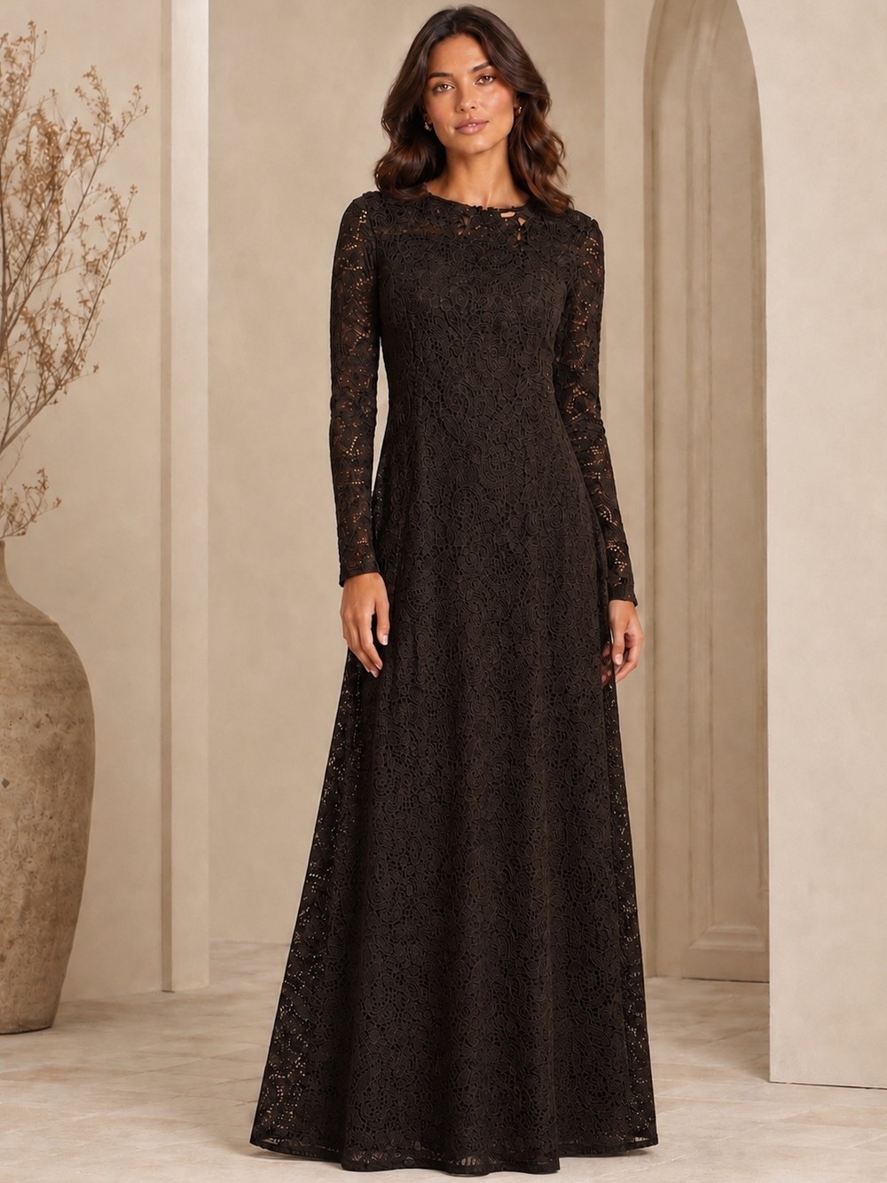 ANTONIO MELANI Brown Lace Long-Sleeve Maxi Gown